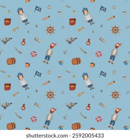 Cute Pirate elements Seamless Pattern. Cartoon items Pirate and objects. background. Vector illustration.