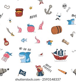 Cute Pirate elements Seamless Pattern. Cartoon items Pirate and objects. background. Vector illustration.