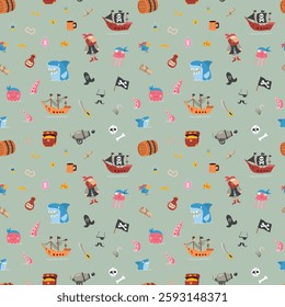 Cute Pirate elements Seamless Pattern. Cartoon items Pirate and objects. background. Vector illustration.