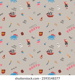 Cute Pirate elements Seamless Pattern. Cartoon items Pirate and objects. background. Vector illustration.