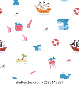 Cute Pirate elements Seamless Pattern. Cartoon items Pirate and objects. background. Vector illustration.