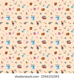 Cute Pirate elements Seamless Pattern. Cartoon items Pirate and objects. background. Vector illustration.