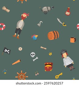 Cute Pirate elements Seamless Pattern. Cartoon items Pirate and objects. background. Vector illustration.