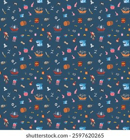 Cute Pirate elements Seamless Pattern. Cartoon items Pirate and objects. background. Vector illustration.