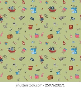 Cute Pirate elements Seamless Pattern. Cartoon items Pirate and objects. background. Vector illustration.