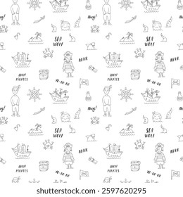 Cute Pirate elements Seamless Pattern. Cartoon items Pirate and objects. background. Vector illustration.