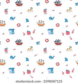 Cute Pirate elements Seamless Pattern. Cartoon items Pirate and objects. background. Vector illustration.