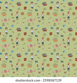 Cute Pirate elements Seamless Pattern. Cartoon items Pirate and objects. background. Vector illustration.