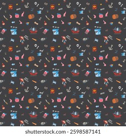 Cute Pirate elements Seamless Pattern. Cartoon items Pirate and objects. background. Vector illustration.