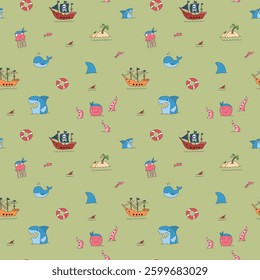 Cute Pirate elements Seamless Pattern. Cartoon items Pirate and objects. background. Vector illustration.