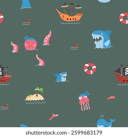 Cute Pirate elements Seamless Pattern. Cartoon items Pirate and objects. background. Vector illustration.