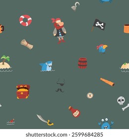 Cute Pirate elements Seamless Pattern. Cartoon items Pirate and objects. background. Vector illustration.
