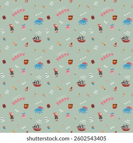 Cute Pirate elements Seamless Pattern. Cartoon items Pirate and objects. background. Vector illustration.