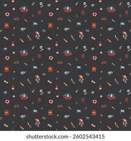 Cute Pirate elements Seamless Pattern. Cartoon items Pirate and objects. background. Vector illustration.