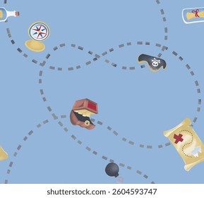 Cute Pirate elements Seamless Pattern. Cartoon items Pirate and objects. background. Vector illustration.