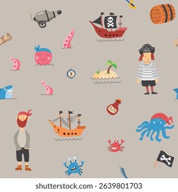 Cute Pirate elements Seamless Pattern. Cartoon items Pirate and objects. background. Vector illustration.