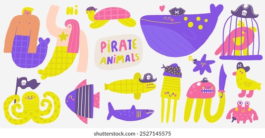 Bonito pirata engraçado mão desenhada baleia doodle, papagaio, lula, água-viva, gaivota, tubarão, caranguejo, animais set. Marinho, náutico caribenho ícones de bandido, objetos, sinais