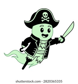 Cute pirate ghost character wearing a tricorne hat with a skull and crossbones, holding a sword.