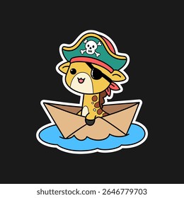 Cute Pirate Giraffe with Eye Patch in Paper Boat Floating on Water
