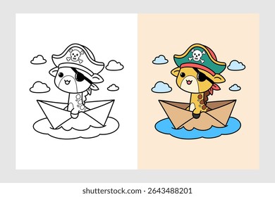 Cute pirate giraffe sailing in a paper boat on a sunny day with clouds in a playful artwork