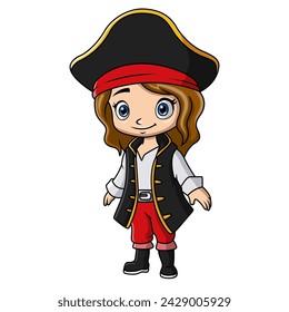 Cute pirate girl cartoon on white background