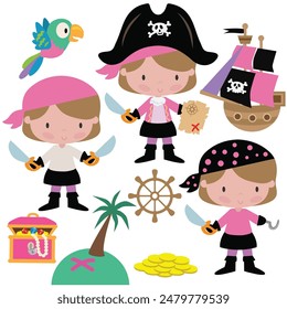 Cute pirate girl crew  vector cartoon illustration