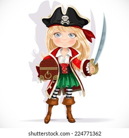 Cute pirate girl with cutlass and treasure chest isolated on a white background