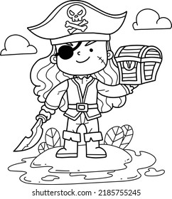 Cute pirate girl hand drawn coloring book cartoon isolated on white