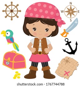 Cute Pirate Girl Vector Cartoon Illustration