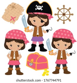 Cute Pirate Girl Vector Cartoon Illustration