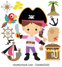 Cute Pirate Girl Vector Cartoon Illustration