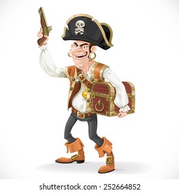 Cute pirate with a gun pressed to himself a big treasure chest isolated on a white background