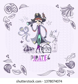 cute pirate of hand drawn characters and icons, birthday concept part. vector illustration eps 10