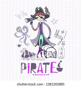 cute pirate of hand drawn characters and icons, birthday concept part. vector illustration eps 10