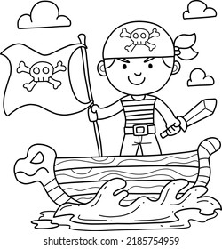 Cute pirate hand drawn coloring book cartoon isolated on white