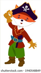 The cute pirate has found the treasure. Pirate fox cartoon style. isolate on white background. Print for T-shirts, sweaters