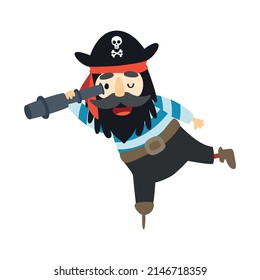 A cute pirate is holding a spyglass in his hand. A postcard in a children's cartoon style. Vector illustration for designs, prints and patterns.