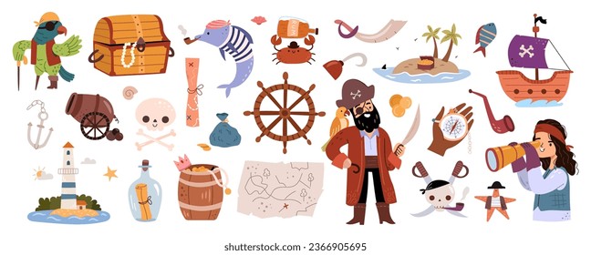 Cute pirate holding sword, piracy icons. Seashore with wooden treasure chest, parrot and fish, beacon and wheel, compass and naval navigation. Vector illustration in flat cartoon style