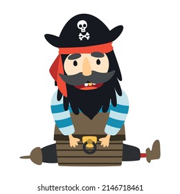 Cute pirate holds a treasure. Postcard in children's cartoon style. Vector illustration for designs, prints and patterns.