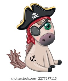 Cute pirate horse in a cocked hat, with an eye patch. Child character, games for boys