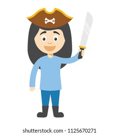 Cute pirate kid cartoon girl holding knife 
