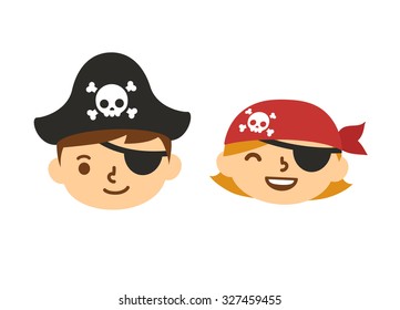 Cute pirate kids, boy and girl with eyepatches. Cartoon children vector illustration.