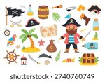 Cute pirate kids set with pirate captain, treasure chest, ship and sea elements