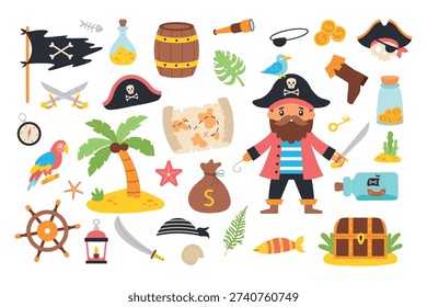 Cute pirate kids set with pirate captain, treasure chest, ship and sea elements