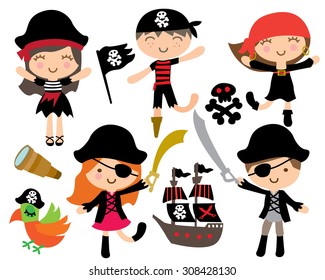 Cute Pirate Kids, with Pirate Ship