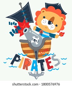 Cute Pirate Lion On Ship Shooting From A Cannon Isolated On White Background Illustration Vector.