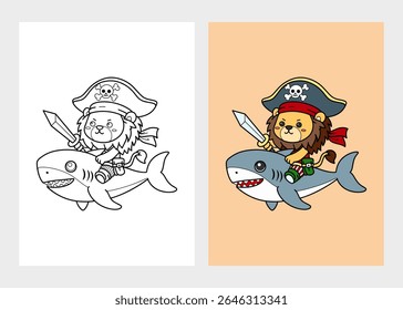 Cute Pirate Lion Riding a Shark with Sword and Hat