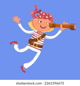 Cute pirate looking through spyglass. Vector isolated illustration on blue background. Cartoon character for design.