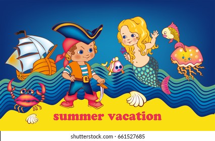 Cute pirate and mermaid. Vector illustration