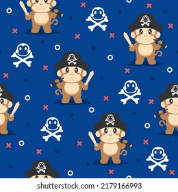 Cute pirate monkey cartoon trendy pattern background concepts.